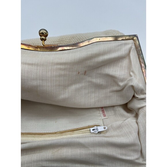 Vintage White Beaded Seed Pearl Pink Floral Purse Kiss Lock &‎ Lucite Trim Top - Picture 8 of 13